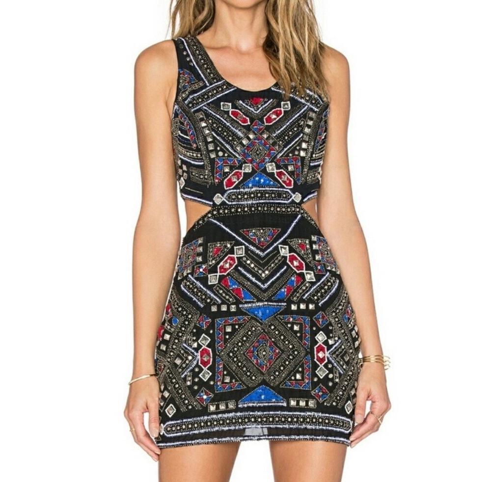 Parker Covina Beaded Mini Dress Black Red Blue XS Cut Out Sleeveless Back Zip